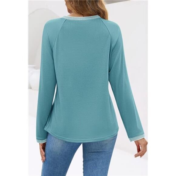 Women's 2024 Fall Long Sleeve Pleated Color Block Casual Loose Tee Shirt, Blue‎ - Picture 4 of 7